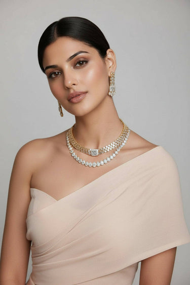Double-Layer Baguette & Teardrop AD Statement Necklace Set – Zaina