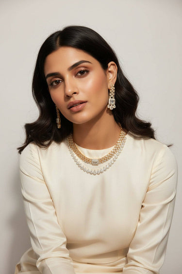 Double-Layer Baguette & Teardrop AD Statement Necklace Set – Zaina