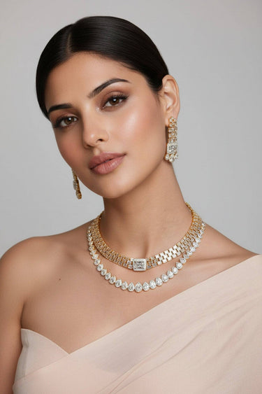 Double-Layer Baguette & Teardrop AD Statement Necklace Set – Zaina