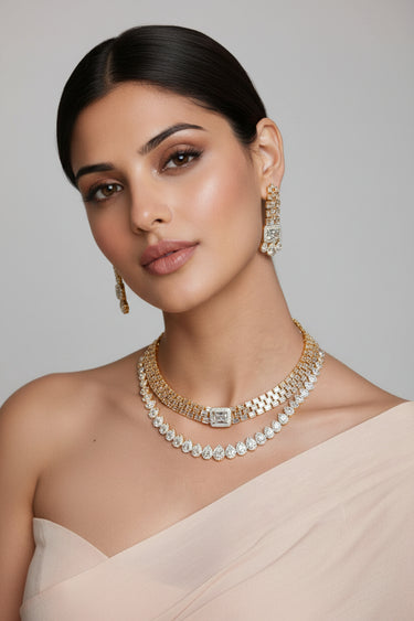 Zaina – Double-Layered Baguette & Teardrop Statement Set