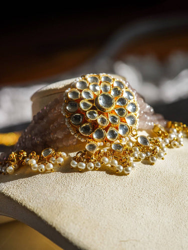Aaina gold-plated kundan choker necklace set with gray beads and floral stud earrings – Indian jewelry from Inaury