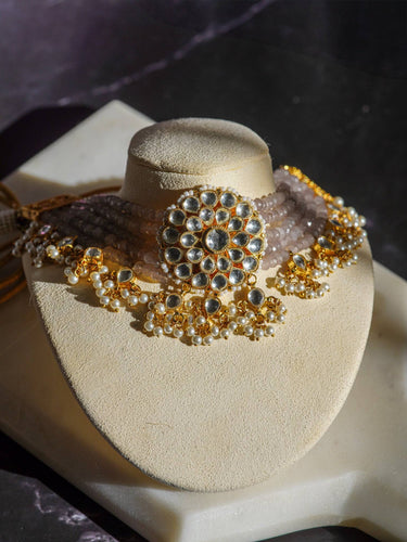 Aaina gold-plated kundan choker necklace set with gray beads and floral stud earrings – Indian jewelry from Inaury