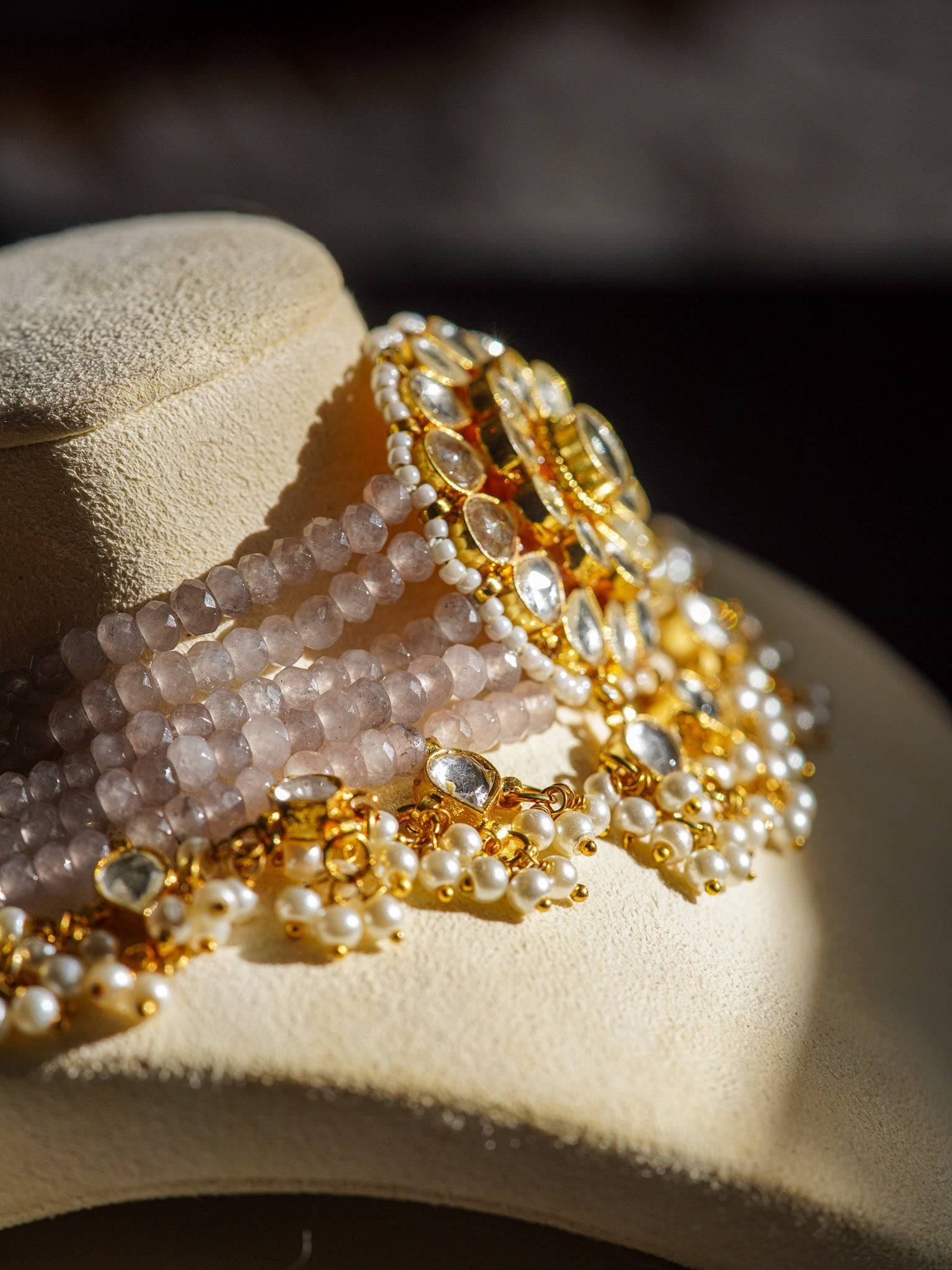 Aaina gold-plated kundan choker necklace set with gray beads and floral stud earrings – Indian jewelry from Inaury
