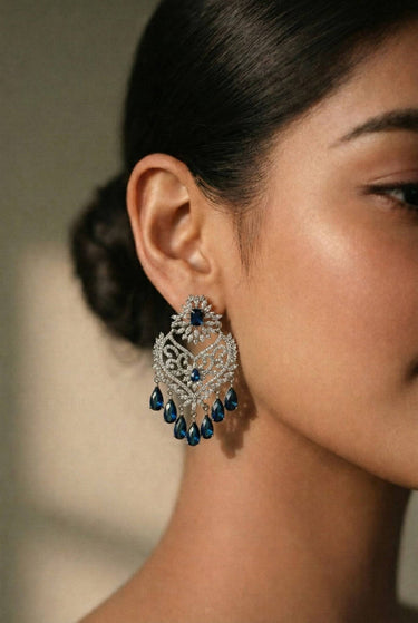Rhodium Plated AD Crescent Chandbali Earrings - Aleena