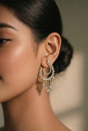 White AD Stone Starburst Chandbali Earrings Gold Silver - Anjana