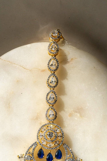Close Up Gold-Plated Multicolor AD Maang Tikka with Sapphire Blue and White Stones