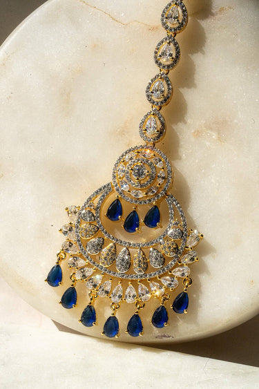 Close Up Gold-Plated Multicolor AD Maang Tikka with Sapphire Blue and White Stones