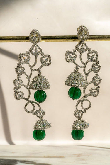 Rhodium plated vine design earrings with diamante stones and resin beads in green or maroon from Inaury