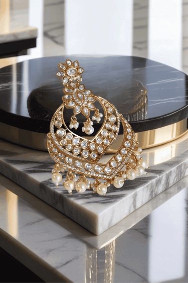 Ashmi moissanite polki chandbali earrings with pearl drops and diamanté accents. Indian earrings from Inaury