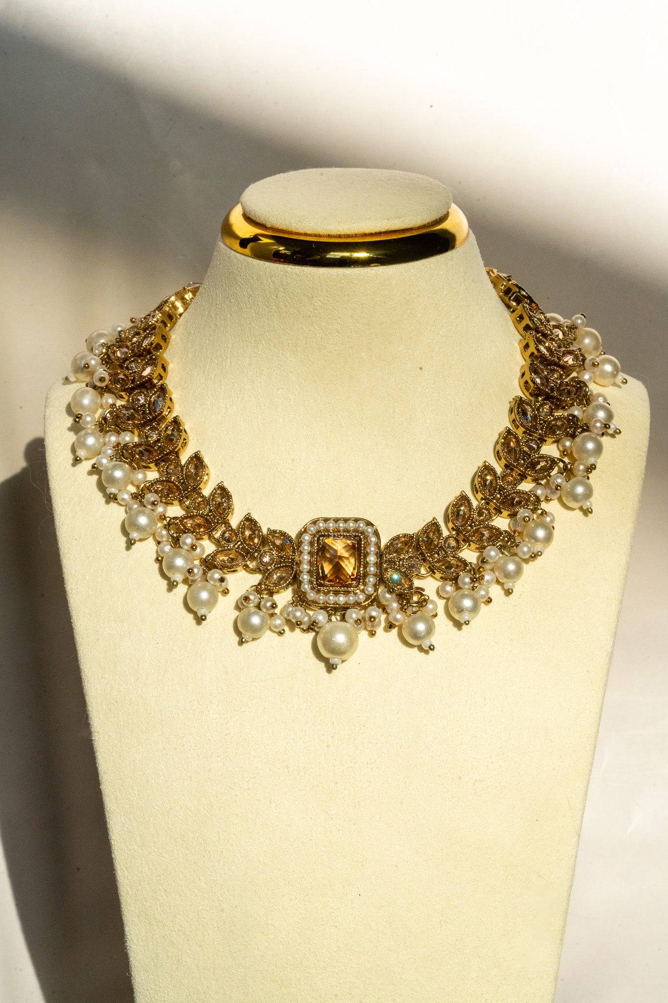 Ayana mehendi-plated Indian choker necklace set in champagne and mehendi gold plating