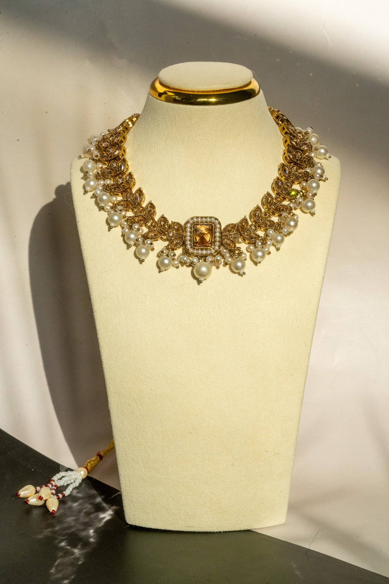 Ayana mehendi-plated Indian choker necklace set in champagne and mehendi gold plating