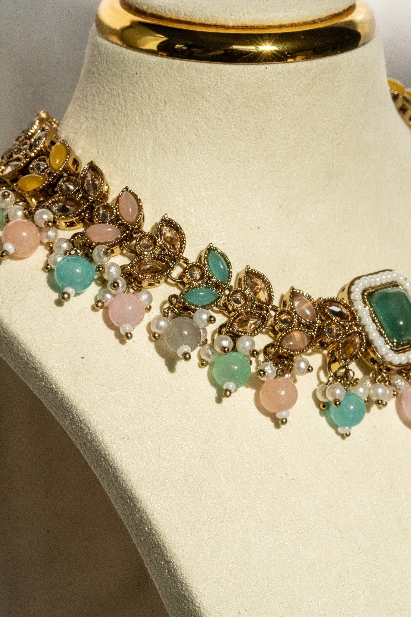 Ayana mehendi-plated Indian choker necklace set in pastel multicolors and mehendi gold plating