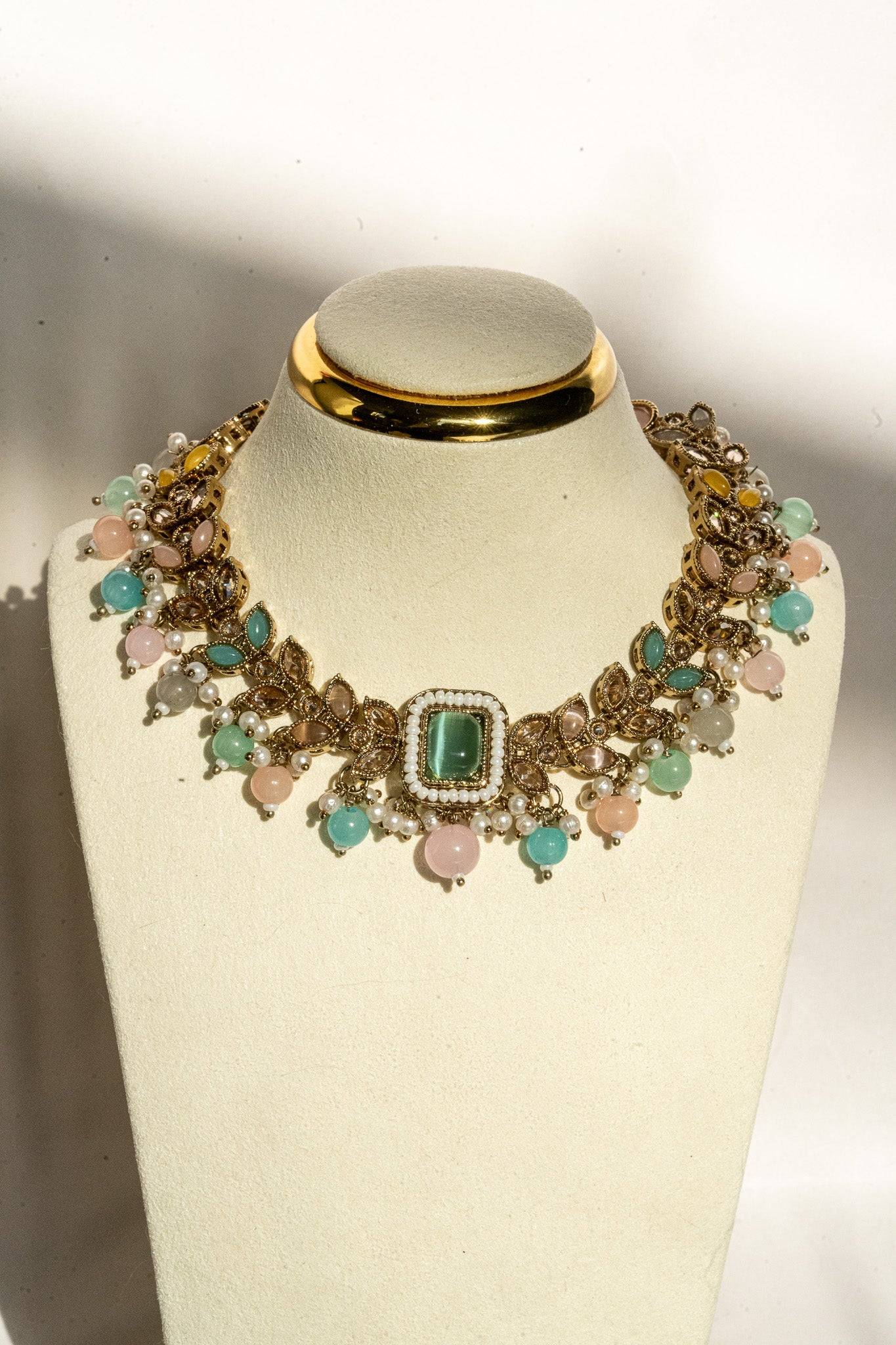 Ayana mehendi-plated Indian choker necklace set in pastel multicolors and mehendi gold plating