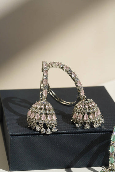 Disha blush pink AD hoop jhumka earrings on black jewellery gift box rhodium plated South Asian occasion earrings