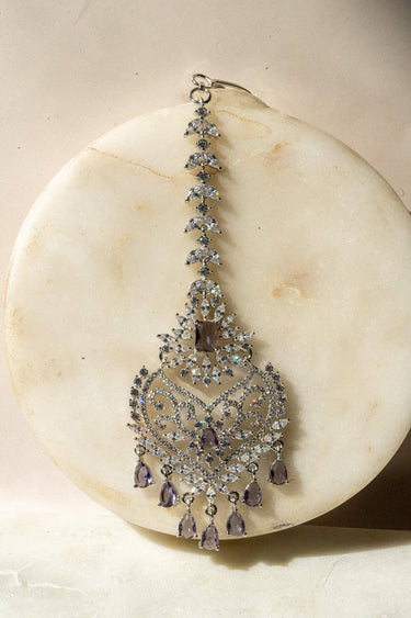 Rhodium-Plated Multicolor AD Maang Tikka with Purple and White Stones