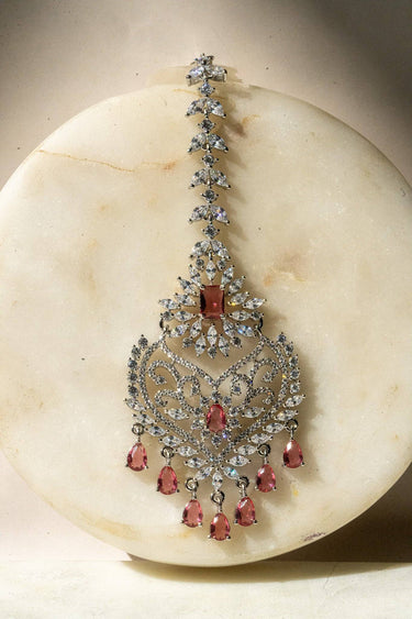 Rhodium-Plated Multicolor AD Maang Tikka with Purple and White Stones