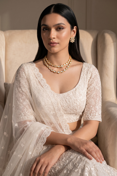 Seated model showcasing gold plated double layer Kundan necklace set and matching studs with traditional ivory lehenga
