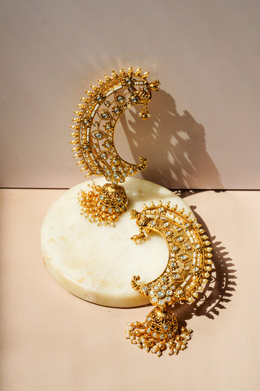 Gold Plated Peacock Crescent Ear Cuff Jhumka Earrings - Maharani
