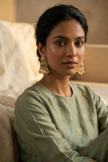 A relaxed three quarter lifestyle portrait of a model showcasing the scale and traditional antique finish of the Aadhya Kundan drop earrings.