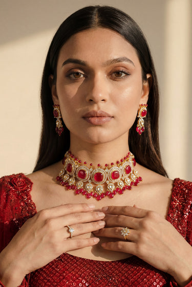 A closer neckline view on a model showing the collarbone contouring drape of the Sweta antique gold-plated red choker set.