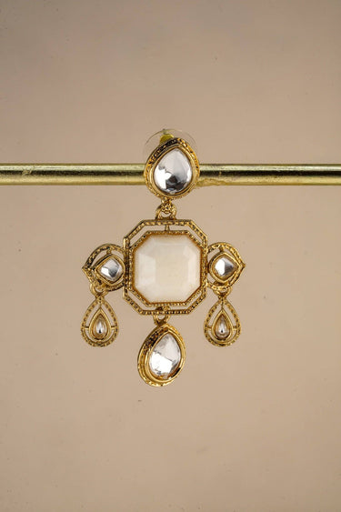 A high resolution single catalog shot highlighting the faceted clear glass crystals and octagonal ivory center of the Zoe earring.