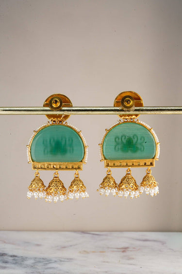 Inaury Ananya Meenakari Arch Jhumka Earrings Mint back view — gold-plated brass construction with meenakari enamel arch and triple jhumka pearl drops