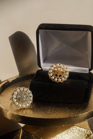 Asal pearl dome ring gold and rhodium pair displayed with velvet box modern South Asian bridal jewelry Inaury