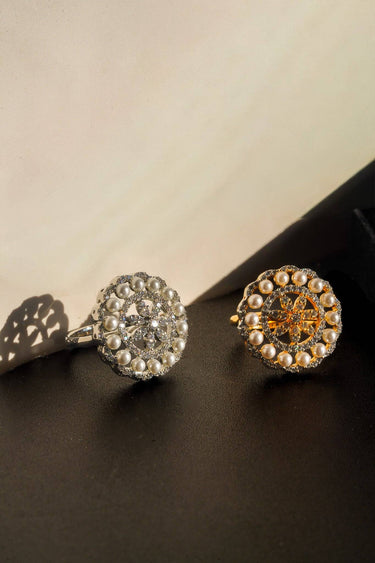 Asal pearl dome ring in rhodium and gold plating showing floral jali design with American Diamond stones Inaury