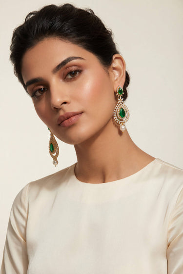 Avira AD Gold Plated Drop Earrings showcasing green stones and pearls