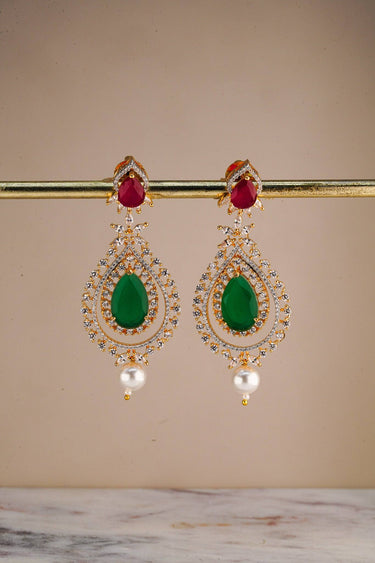 Avira AD Gold Plated Drop Earrings with green and red stones
