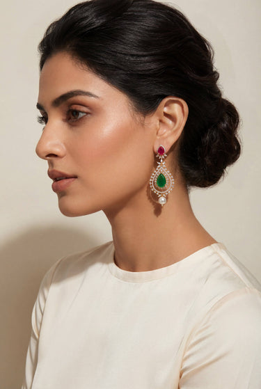 Avira AD Gold Plated Drop Earrings with green and pink stones