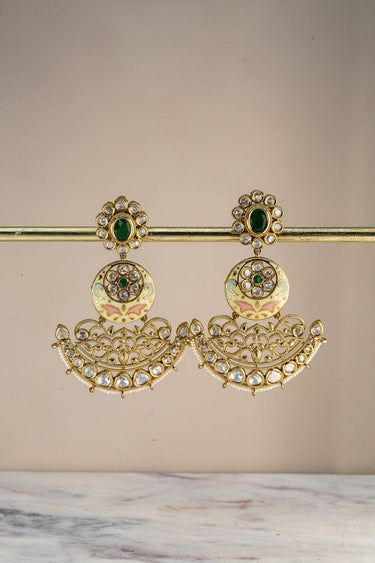 Inaury Saleena Kundan Meenakari Chandbali Drop Earrings pair on gold bar stand — full view of both earrings showing three-tier drop silhouette with enamel disc and pearl-edged filigree chandbali