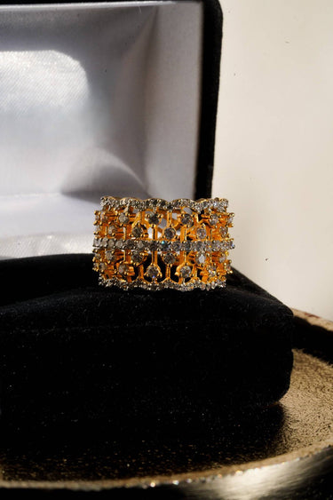 Talia gold plated AD lattice band ring in velvet box showing open lattice design contemporary South Asian jewelry Inaury