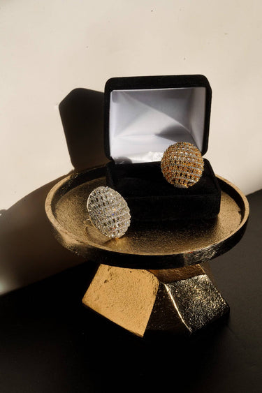 Yasna AD statement ring gold and rhodium pair with velvet box contemporary desi jewelry by Inaury