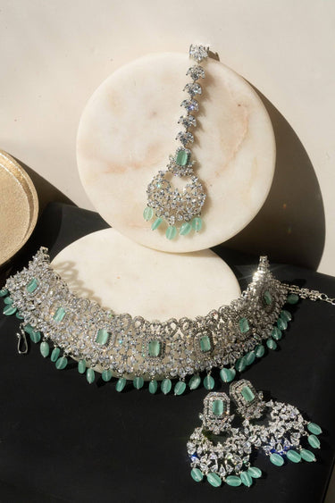 Irma Rhodium Choker Set with Maang Tikka in mint accents