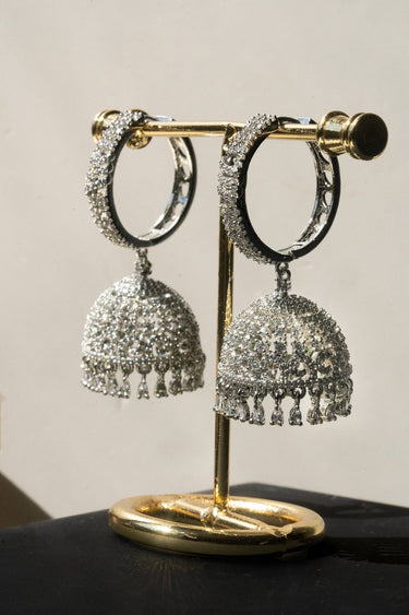 Lailoma AD Hoop Jhumka Earrings - Rhodium Plated