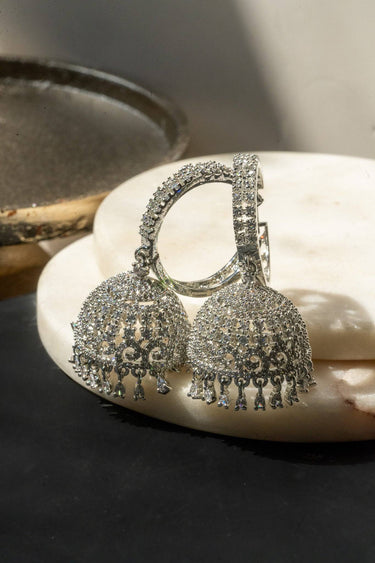 Close-up of rhodium plated Lailoma Jhumka Earrings