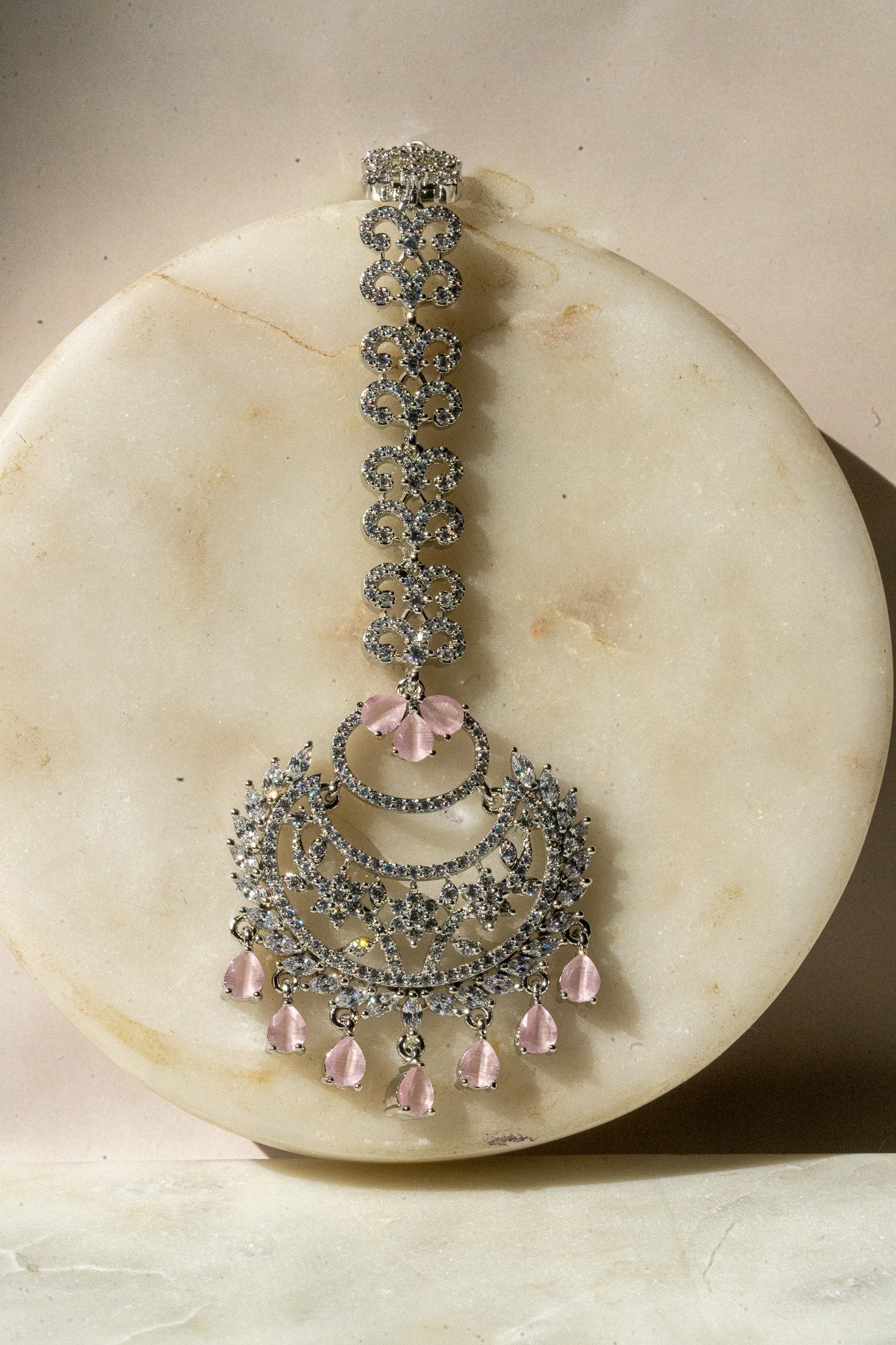 Liza – Rhodium-Plated AD Maang Tikka (White or Pink