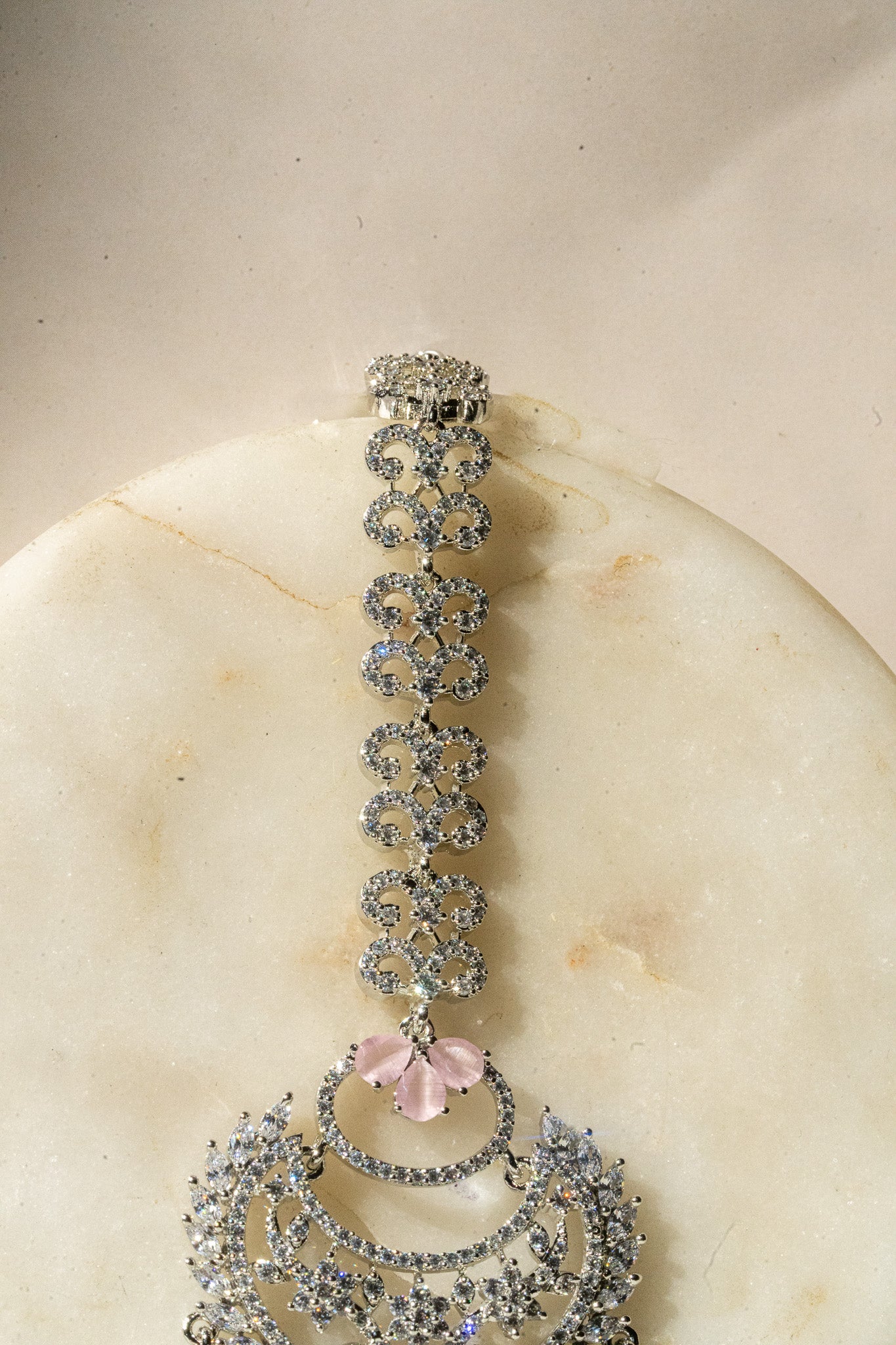 Liza – Rhodium-Plated AD Maang Tikka (White or Pink