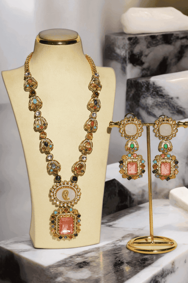 Monika Semi-Precious Gold Plated Mala Necklace Set - Multi-color stones with faux pearls and Moissanite Polki detailing, available with hot pink, light pink, or green center stones, and matching 2.6-inch statement earrings.