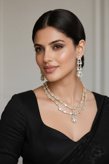 Gold Plated Pear Cut AD Layered Necklace Set: Naina