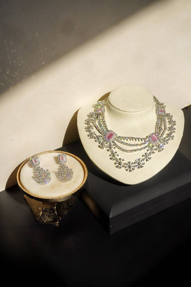 Rhodium Floral Diamante Layered Bridal Necklace Set – Neha