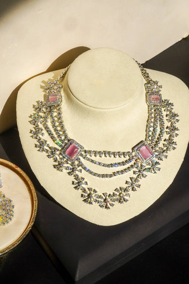 Rhodium Floral Diamante Layered Bridal Necklace Set – Neha