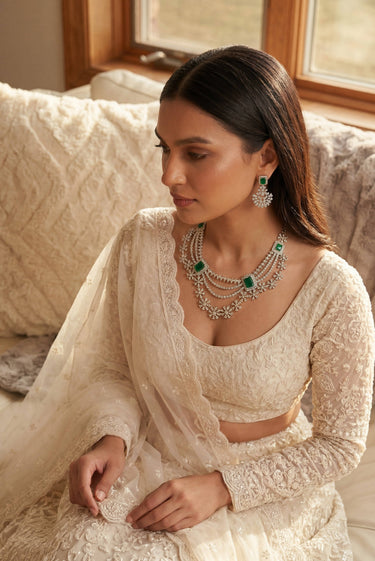 Rhodium Floral Diamante Layered Bridal Necklace Set – Neha