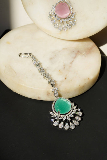 Rina Silver Maang Tikka with green teardrop and diamante