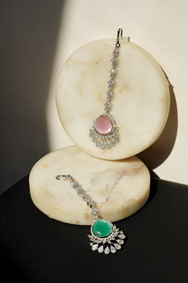 Rina Silver Maang Tikka with pink teardrop stone