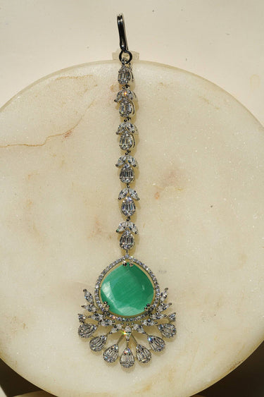 Rina Silver Maang Tikka with green teardrop stone and diamanté