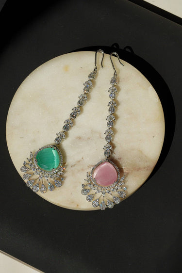 Rina Silver Maang Tikka featuring green and pink stones
