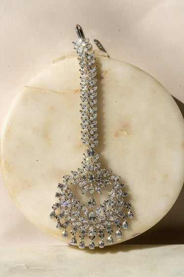 Reema rhodium CZ maang tikka with floral crystal layout from Inaury