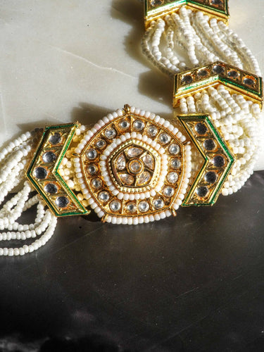 Gold moissanite polki mathapatti with ivory beading for Indian jewelry wear from Inaury